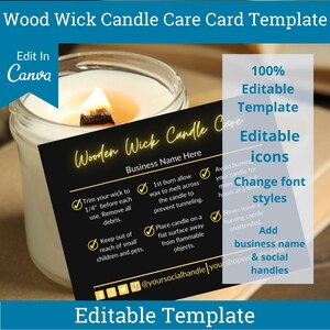 Printable Wood Wick Candle Care Card Instructions,Editable Canva Care Card Template, Candle Business Packaging Insert