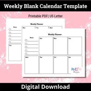 Weekly Blank Calendar Page Template,Sun/Mon Start,Printable Weekly Calendar,Minimalist Weekly Schedule