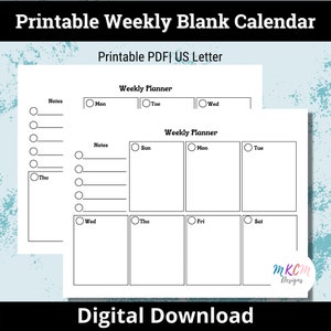 Weekly Blank Calendar Page Template,Sun/Mon Start,Printable Weekly Calendar,Minimalist Weekly Schedule