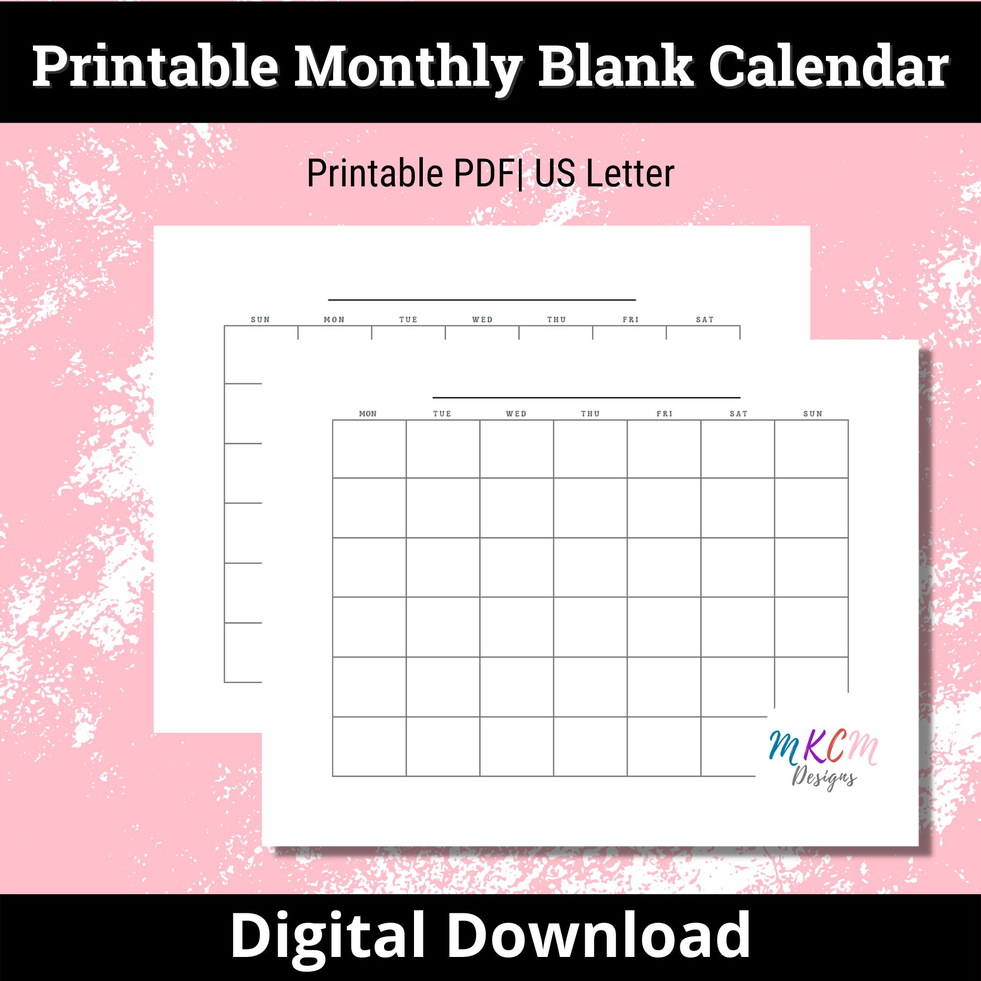 Blank Calendar Page Template,sun/mon Start,printable Monthly Calendar ...