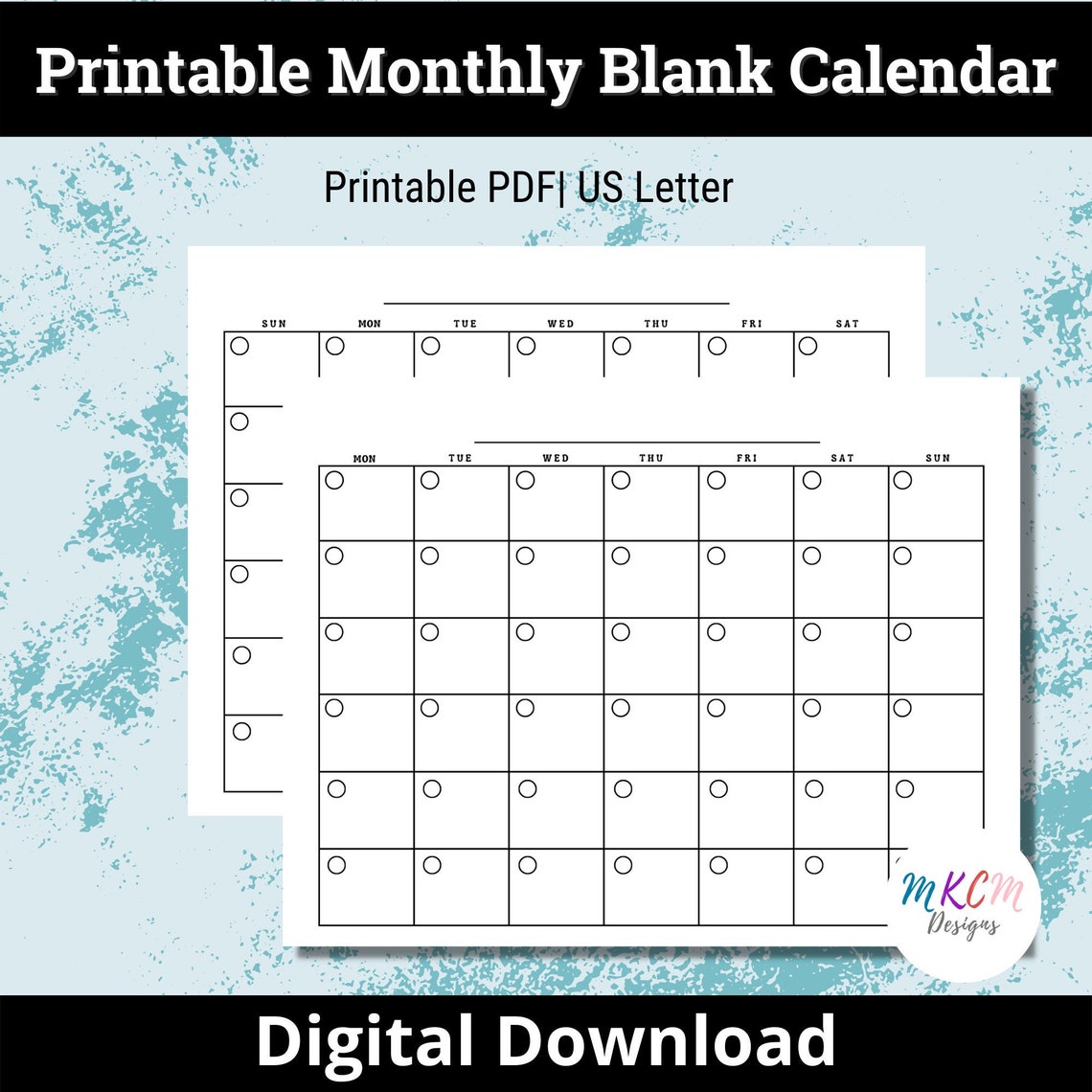 Printable Monthly Blank Calendar Page Template,sun/mon Start,monthy ...