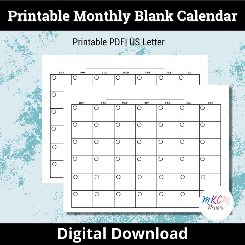 Printable Monthly Blank Calendar Page Template,sun/mon Start,monthy ...