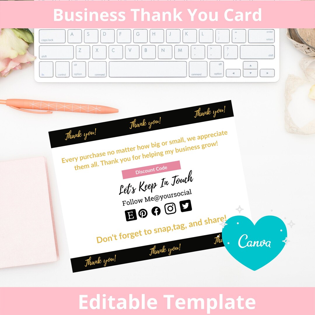 Small Business Thank You Card Template, Black and Gold Thank You for ...