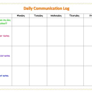 Könnte beinhalten: Ein schwarz-weißes druckbares tägliches Kommunikationslogbuch mit dem Titel "Daily Communication Log" und Spalten für Montag, Dienstag, Mittwoch, Donnerstag und Freitag. Das Logbuch hat Abschnitte für "How was my day at school?", "Teacher Notes", "Therapist Notes" und "Parent Notes".