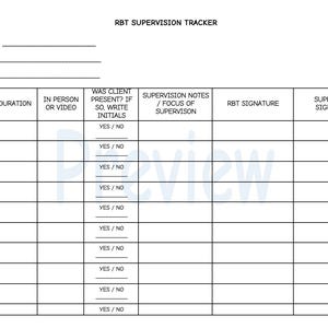 May include: A black and white printable RBT Supervision Tracker form with columns for date, duration, in-person or video, was client present, supervision notes, RBT signature, and supervisor signature.