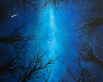 May include: A painting of a dark blue night sky with a bright blue streak of light, possibly the Milky Way, running vertically through the center. Silhouettes of bare trees are visible against the sky, creating a sense of depth and mystery.