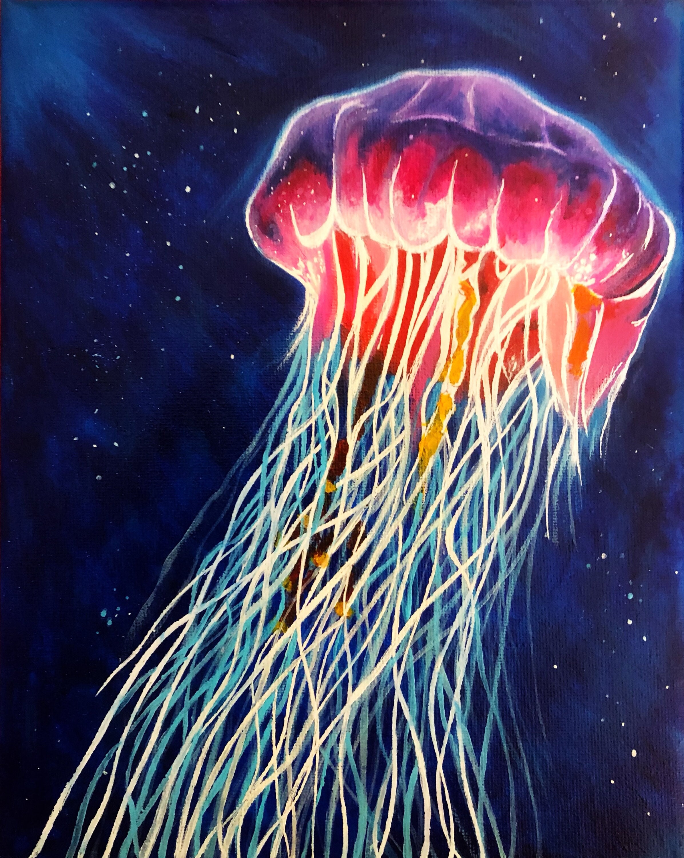 Realistic Vibrant Jellyfish Underwater Acrylic Painting ORIGINAL