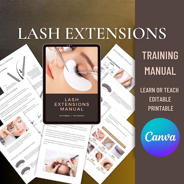 Lash Extensions Canva Editable Manual Eyelash Tutorial Course Training Classic Volume Hybrid MegaMapping Template Ebook Student Beginner