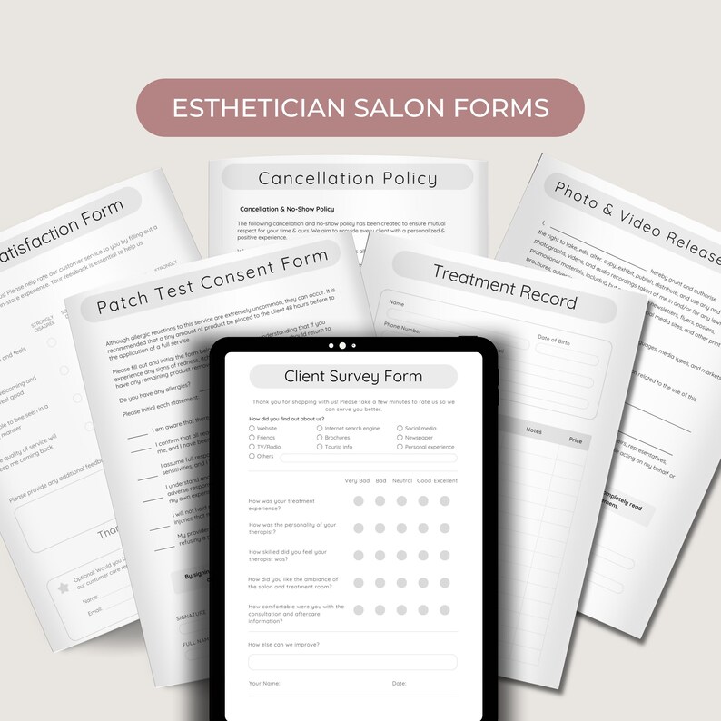 Puede incluir: Un conjunto de formularios en blanco y negro para un sal&oacute;n de est&eacute;tica. Los formularios incluyen un formulario de satisfacci&oacute;n del cliente, un formulario de consentimiento para la prueba de parche, una pol&iacute;tica de cancelaci&oacute;n, un formulario de encuesta del cliente, un registro de tratamiento y un formulario de autorizaci&oacute;n de fotos y videos.