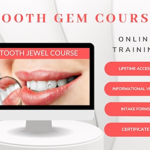 Puede incluir: Una pantalla de computadora que muestra una imagen de primer plano de los dientes de una persona con una pequeña gema en un diente. El texto en la pantalla dice "TOOTH JEWEL COURSE". Debajo de la pantalla hay cuatro botones rojos con el texto "LIFETIME ACCESS", "INFORMATIONAL VIDEO", "INTAKE FORMS" y "CERTIFICATE". El texto "TOOTH GEM COURSE" y "ONLINE TRAINING" se muestra arriba de la pantalla de la computadora.
