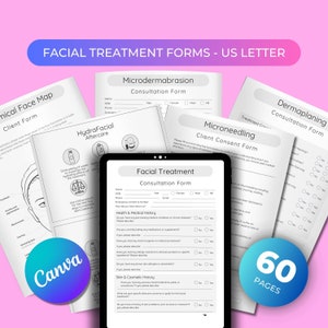 May include: A set of 60 printable facial treatment forms in US letter size. The forms include a facial treatment consultation form, a microdermabrasion consultation form, a dermaplaning consultation form, a microneedling client consent form, and a hydra facial aftercare form.