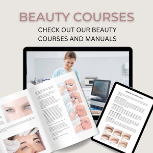 Puede incluir: Un ordenador port&aacute;til que muestra un manual de curso de belleza con im&aacute;genes de los ojos y las cejas de una mujer. El manual incluye instrucciones sobre c&oacute;mo aplicar extensiones de pesta&ntilde;as y te&ntilde;ir las cejas. El texto en la pantalla dice "ELEGIR EL COLOR CORRECTO".