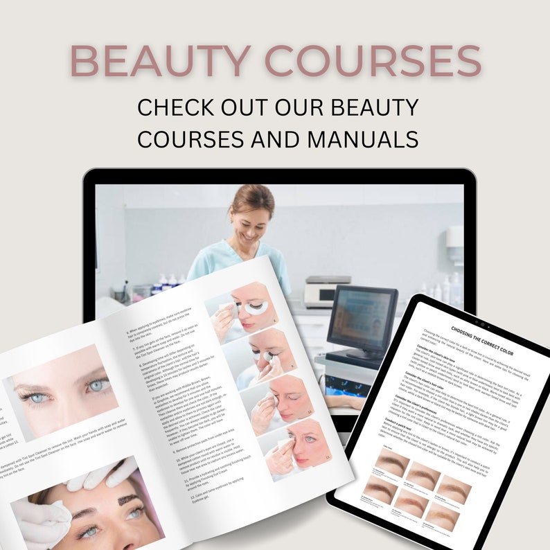 Puede incluir: Un ordenador port&aacute;til que muestra un manual de curso de belleza con im&aacute;genes de los ojos y las cejas de una mujer. El manual incluye instrucciones sobre c&oacute;mo aplicar extensiones de pesta&ntilde;as y te&ntilde;ir las cejas. El texto en la pantalla dice "ELEGIR EL COLOR CORRECTO".
