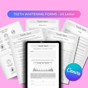 Tooth Gem Canva Editable Forms Salon Dental Clinic Treatment Intake Consultation Consent Aftercare Cards Tooth Bleaching - US Letter