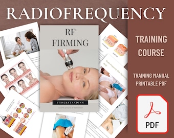 May include: A training manual for radiofrequency skin tightening, with a red cover and the text "TRAINING MANUAL PRINTABLE PDF" in white. The manual includes illustrations of before and after skin tightening treatments, as well as diagrams explaining the process.