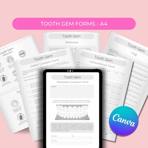 Tooth Gem Canva Editable Forms Salon Dental Clinic Treatment Intake Consultation Consent Aftercare Cards Tooth Bleaching - A4  Size