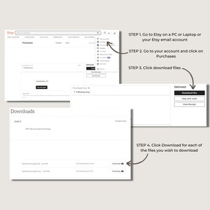 Puede incluir: Una captura de pantalla de una computadora que muestra c&oacute;mo descargar archivos digitales comprados en Etsy. Los pasos se enumeran en el lado derecho de la pantalla. El lado izquierdo de la pantalla muestra el sitio web de Etsy con una secci&oacute;n titulada "Descargas" y una lista de archivos que se pueden descargar.