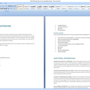 May include: A document with a white background and black text outlining a teeth whitening aftercare diet. The document lists foods and drinks to avoid and foods and drinks that are safe to consume after a teeth whitening treatment. The document also includes additional information about teeth whitening aftercare.