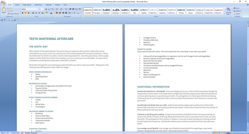 May include: A document with a white background and black text outlining a teeth whitening aftercare diet. The document lists foods and drinks to avoid and foods and drinks that are safe to consume after a teeth whitening treatment. The document also includes additional information about teeth whitening aftercare.