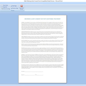 May include: Informed client consent form for teeth whitening treatment. This document outlines the risks, benefits, and procedures involved in teeth whitening.