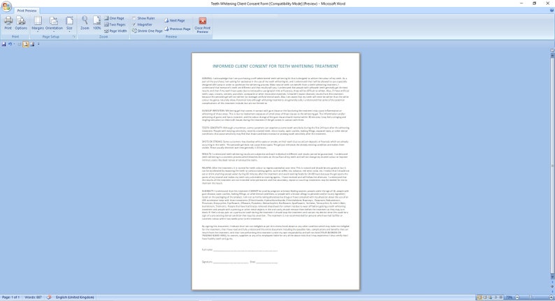 May include: Informed client consent form for teeth whitening treatment. This document outlines the risks, benefits, and procedures involved in teeth whitening.