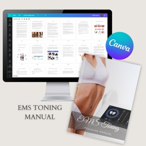 Könnte beinhalten: Ein Computerbildschirm zeigt ein digitales Dokument mit dem Titel "EMS Toning Training Manual". Das Dokument ist auf einer Seite mit Text und Bildern geöffnet. Eine gedruckte Kopie desselben Dokuments befindet sich auf einem Tisch neben dem Computer. Das gedruckte Dokument zeigt eine Frau in einem weißen Sport-BH und eine Nahaufnahme des EMS Toning-Geräts.