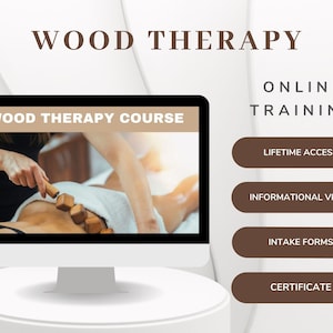 Op de afbeelding: Een computerscherm dat een website voor een online houttherapie cursus weergeeft. De website toont een foto van een persoon die een houttherapie massage ontvangt. De website bevat ook knoppen voor levenslange toegang, een informatieve video, intakeformulieren en een certificaat.