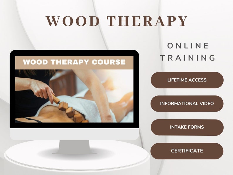 Op de afbeelding: Een computerscherm dat een website voor een online houttherapie cursus weergeeft. De website toont een foto van een persoon die een houttherapie massage ontvangt. De website bevat ook knoppen voor levenslange toegang, een informatieve video, intakeformulieren en een certificaat.