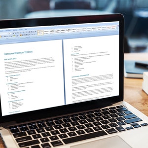 May include: A laptop computer displaying a document titled "Teeth Whitening Aftercare" with two columns of text. The left column is titled "The White Diet" and the right column is titled "Additional Information".