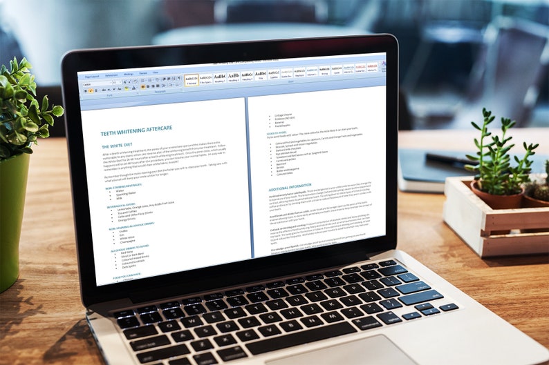 May include: A laptop computer displaying a document titled "Teeth Whitening Aftercare" with two columns of text. The left column is titled "The White Diet" and the right column is titled "Additional Information".