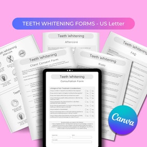 Teeth Whitening Canva Editable Forms Salon Dental Clinic Treatment Intake Consultation Consent Aftercare Cards Tooth Bleaching - US Letter