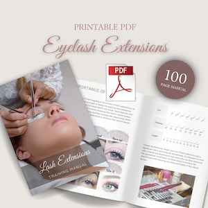 Peut inclure: Un manuel de formation de 100 pages pour les extensions de cils. La couverture présente un gros plan d'une femme recevant des extensions de cils. Le manuel comprend des diagrammes et des instructions pour l'application des extensions de cils.