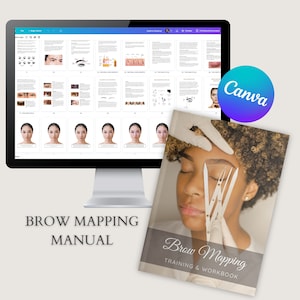 Puede incluir: Una pantalla digital que muestra un manual de mapeo de cejas con ilustraciones y texto. Un libro físico de entrenamiento y trabajo de mapeo de cejas con el rostro de una mujer y una herramienta de medición está en primer plano.