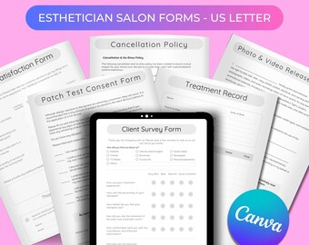 Esthetician Forms Canva Editable Salon Beauty Therapy Salon Documents Treatment Intake Consultation Consent Aftercare Cards - US Letter Size