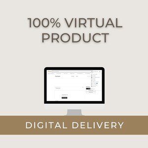 Puede incluir: Una pantalla de ordenador que muestra una lista de Etsy con el texto "Entregado" y "Entrega digital" sobre un fondo marr&oacute;n. El texto "PRODUCTO 100% VIRTUAL" se muestra encima de la pantalla del ordenador.