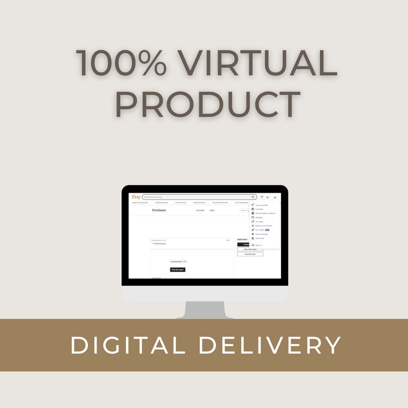 Puede incluir: Una pantalla de ordenador que muestra una lista de Etsy con el texto "Entregado" y "Entrega digital" sobre un fondo marr&oacute;n. El texto "PRODUCTO 100% VIRTUAL" se muestra encima de la pantalla del ordenador.