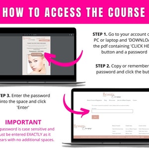 Op de afbeelding: Een screenshot van een computerscherm met instructies over hoe je toegang krijgt tot een cursus. De instructies omvatten stappen om een PDF te downloaden, een wachtwoord in te voeren en op een knop te klikken. De tekst op het scherm zegt "Beauty Course".