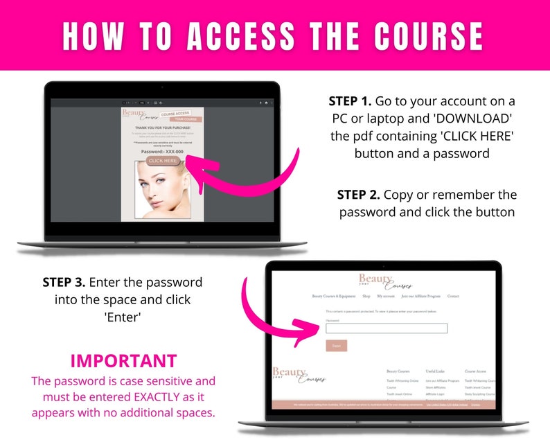 Op de afbeelding: Een screenshot van een computerscherm met instructies over hoe je toegang krijgt tot een cursus. De instructies omvatten stappen om een PDF te downloaden, een wachtwoord in te voeren en op een knop te klikken. De tekst op het scherm zegt "Beauty Course".