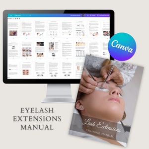 May include: A training manual for eyelash extensions, with a close-up image of a person receiving eyelash extensions. The manual cover features the text "Lash Extensions Training Manual".