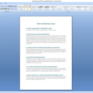 May include: A document with a list of frequently asked questions about teeth whitening. The questions are: How long does a treatment take? What results can be expected? Should teeth whitening be done by a dentist? Is teeth whitening safe? Is teeth whitening suitable for everyone? How long will a teeth whitening treatment last?