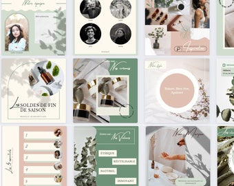 Template Canva Instagram personnalisable - beauté naturelle - féminin - en français - Modèle publications, stories, bulles à la une, bingos