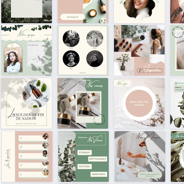 Template Canva Instagram personnalisable - beauté naturelle - féminin - en français - Modèle publications, stories, bulles à la une, bingos