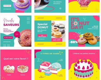 Template Instagram - Modèle personnalisable et éditable Canva -307 visuels  colorés et acidulés -  pâtisserie- food, cuisine, féminin, jaune