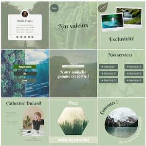 Puede incluir: Una publicación de Instagram verde y blanca con un collage de imágenes y texto. El texto incluye "Nos valeurs", "Exclusivité", "Nos services", "Inspiration du jour", "NOUVEAUTE", "Notre nouvelle gamme est sortie!", "Catherine Durand", "Osez", "nom du produit" y "Concours!" Las imágenes incluyen una mujer, una cascada y un bosque.