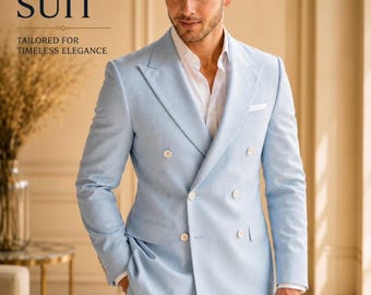 Abito doppiopetto in lino azzurro chiaro, abito da sposo su misura, vestibilità sartoriale.