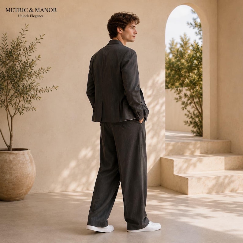May include: A dark grey blazer and matching wide-leg trousers worn with white trainers. The text "METRIC & MANOR" and "Unlock Elegance." appears in the upper left corner. The outfit features a structured jacket and loose-fitting trousers.