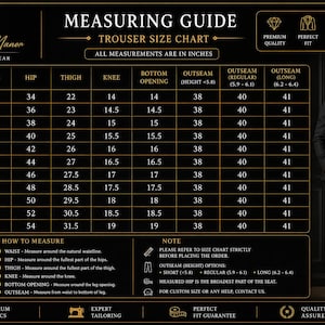 May include: A black and gold Metric & Manor trouser size chart with a table listing waist, hip, thigh, knee, and outseam measurements in inches. The graphic includes a diagram on how to measure and a photograph of a person in a black suit.