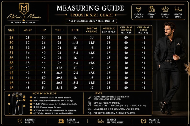 May include: A black and gold Metric & Manor trouser size chart with a table listing waist, hip, thigh, knee, and outseam measurements in inches. The graphic includes a diagram on how to measure and a photograph of a person in a black suit.