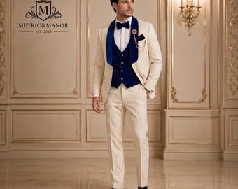 Royal Blue Velvet Lapel & Waistcoat Ivory Groom Tuxedo | Luxury 3 Piece Wedding Suit for Men | Custom Formal Tuxedo