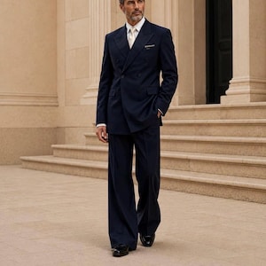 May include: A navy blue double-breasted suit with a white dress shirt and a light-colored tie. The suit jacket features a pocket square and wide lapels, paired with matching wide-leg trousers and black dress shoes. Text reads: METRIC & MANOR Unlock Elegance.